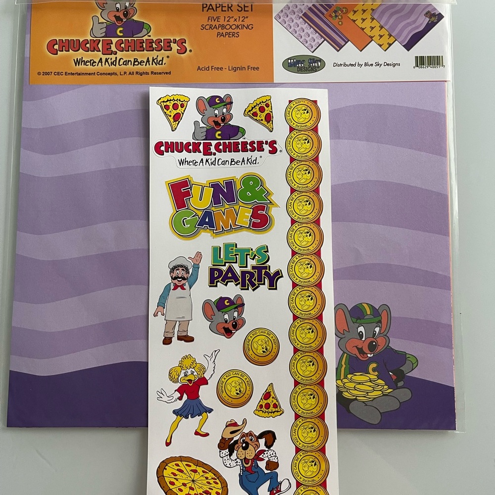 HTF NEW Blue Sky Designs Chuck E. Cheese Scrapbook Scrapbooking Paper & Stickers